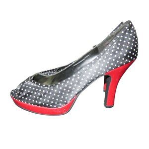 STEVE MADDEN Lexus Black & White Polka Dot Red Heels Retro Chic Peep Toe Heels